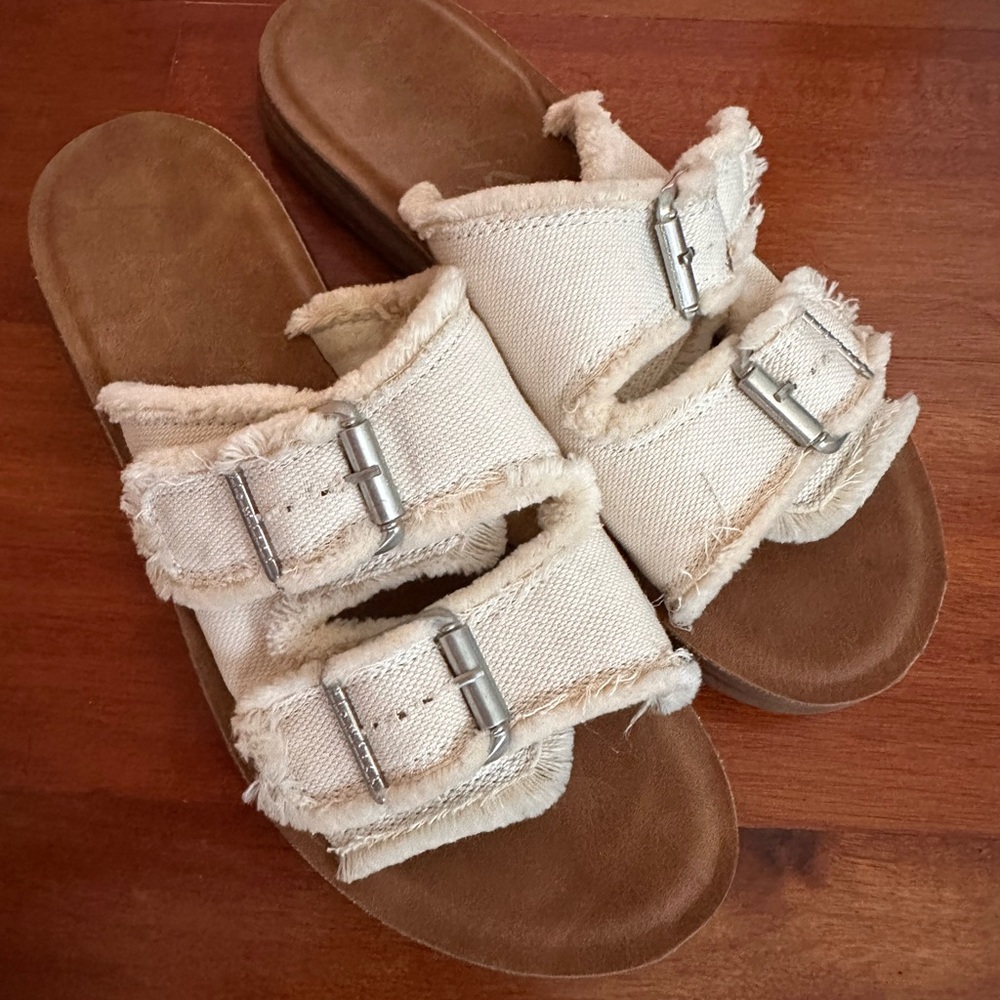 Frayed Blowfish Double-Buckle Slide Sandals